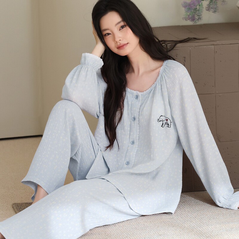 2026 Autumn New Women's Pajamas Set: Double-Layer Cloud-Feel Cotton, Round-Neck Cardigan, Sweet Long-Sleeve Long-Pants Homewear Set 2026 Autumn New Women's Pajamas Set: Double-Layer Cloud-Feel Cotton, Round-Neck Cardigan, Sweet Long-Sleeve Long-Pants Homewear Set