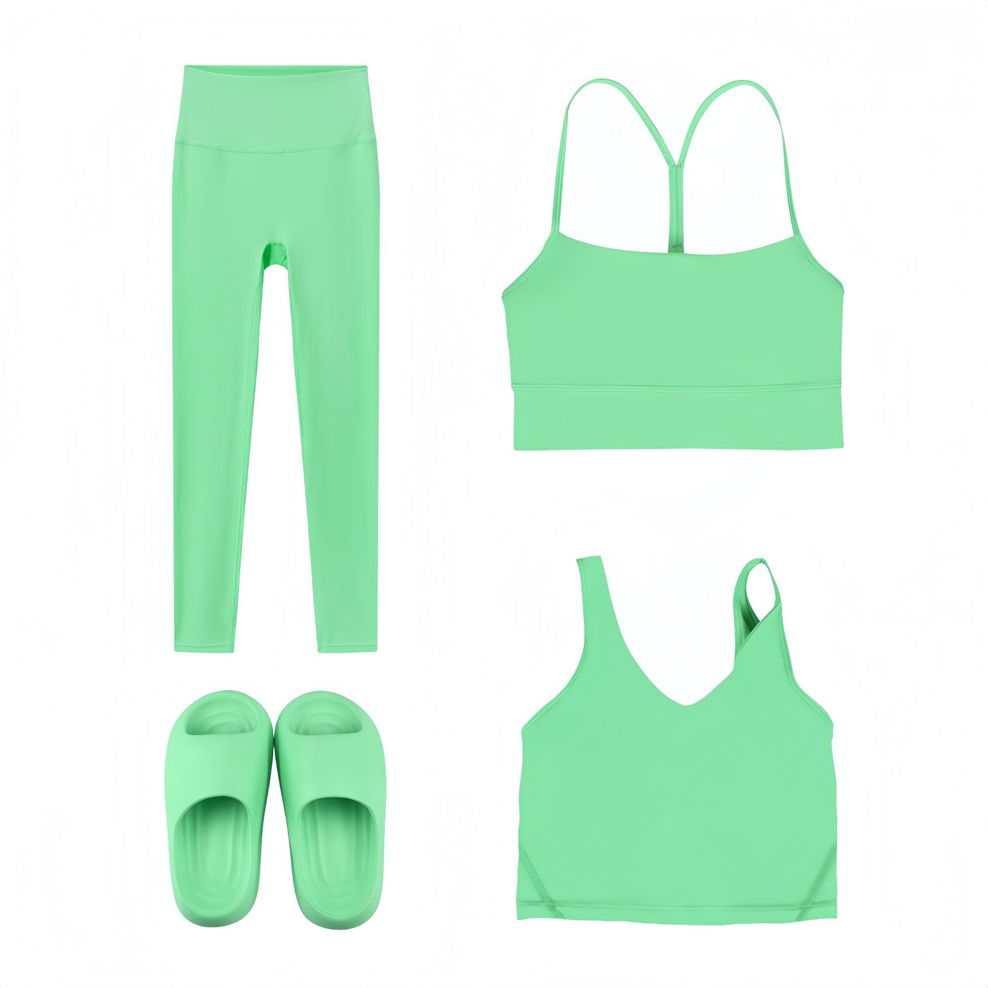 Dames 4-delige sportkleding set - Cropped broek, tanktops met U- en Y-vormige rug, slippers - Rekbare nylon outfit voor zowel thuis als in de sportschool_voghion.com