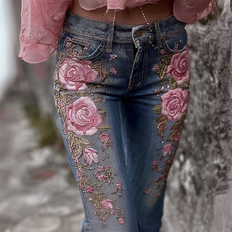 亚马逊独立站欧美跨境3D印花女士时尚休闲花卉印花直筒牛仔裤|undefined