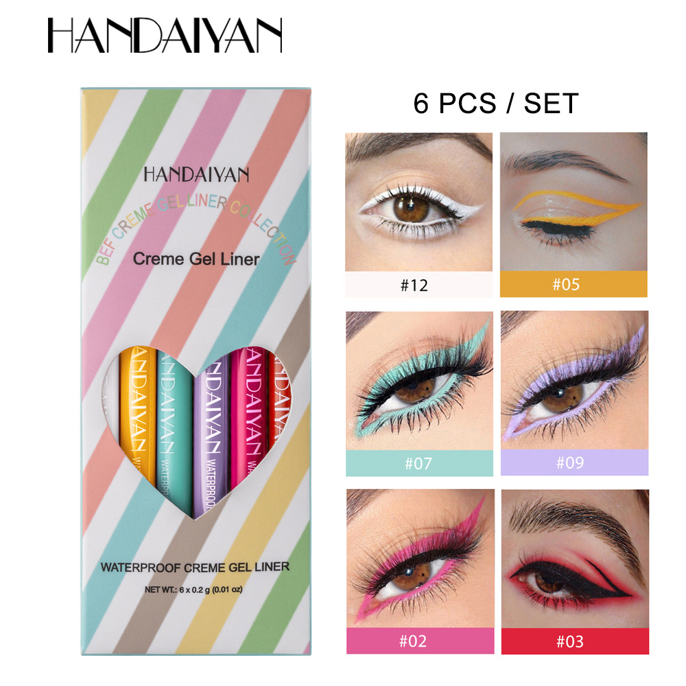 Juego de 6 Delineadores de Ojos HANDAIYAN, Superventas Transfronterizos, Giratorios, Resistentes al Agua, Anti-Manchas, Coloridos, en Gel