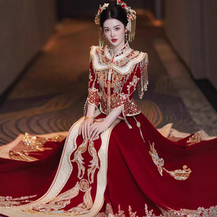 Luxurious Velvet Xiuhe Suit with Bead Embroidery 2025 New Style Phoenix Crown and Red Robe Bridal Wedding Chinese Dress Heavy Craftsmanship Wedding Attire