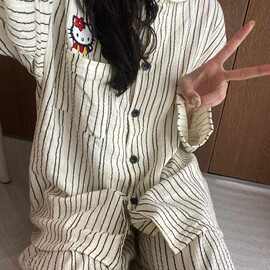 甜美条纹KT猫睡衣女春秋j季ins风可爱少女长袖长裤外穿家居服套装