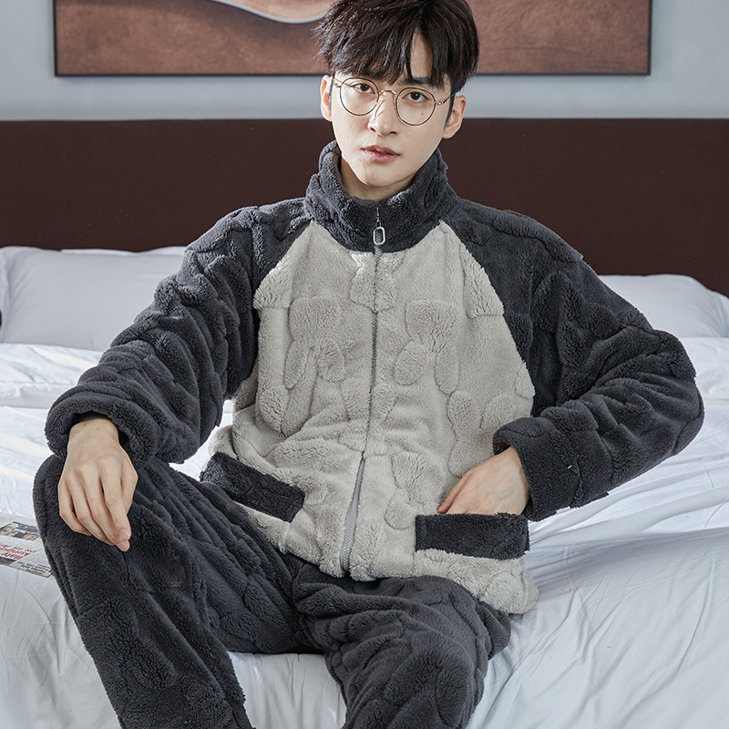 フランネルパジャマ男性は秋冬に保温襟ファスナーを厚くして長袖コーラルベルベットの住宅服カーディガンを厚くした