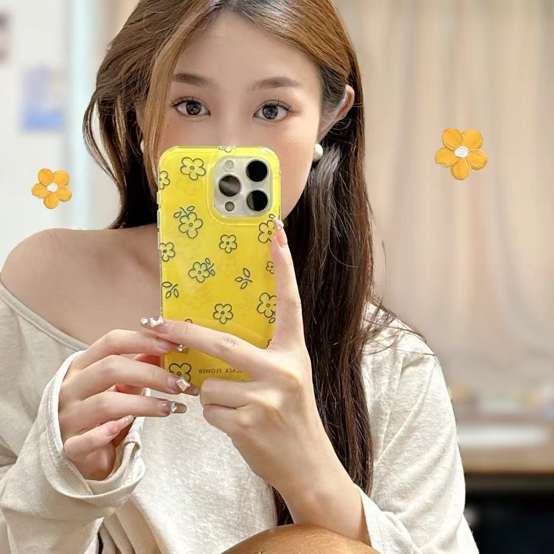 Flores de línea amarilla fresca de verano para iPhone15 Apple 16ProMax funda para teléfono móvil 14 mujeres 13 nuevo