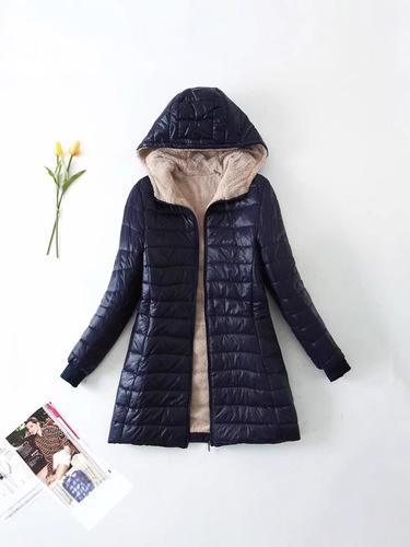 2025 Autumn/Winter New Korean Style Thick Fleece Lined Hooded Mid-Length Slim Fit Warm Lamb Wool Cotton Jacket for Women