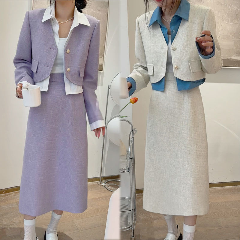 2025春装新款高级感小香风套装女香芋紫气质短外套高腰半身裙两件