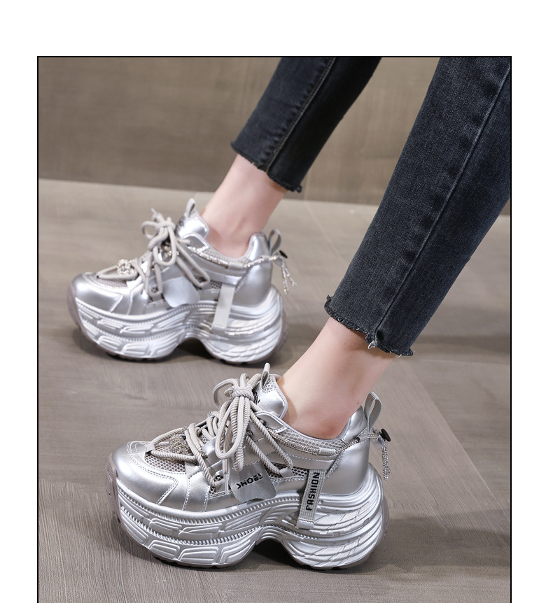 Giày sneaker nữ đế dày chunky mặt lưới thoáng khí, tăng chiều cao bên trong, đính đá rhinestone thời trang — Màu be chi tiết 12