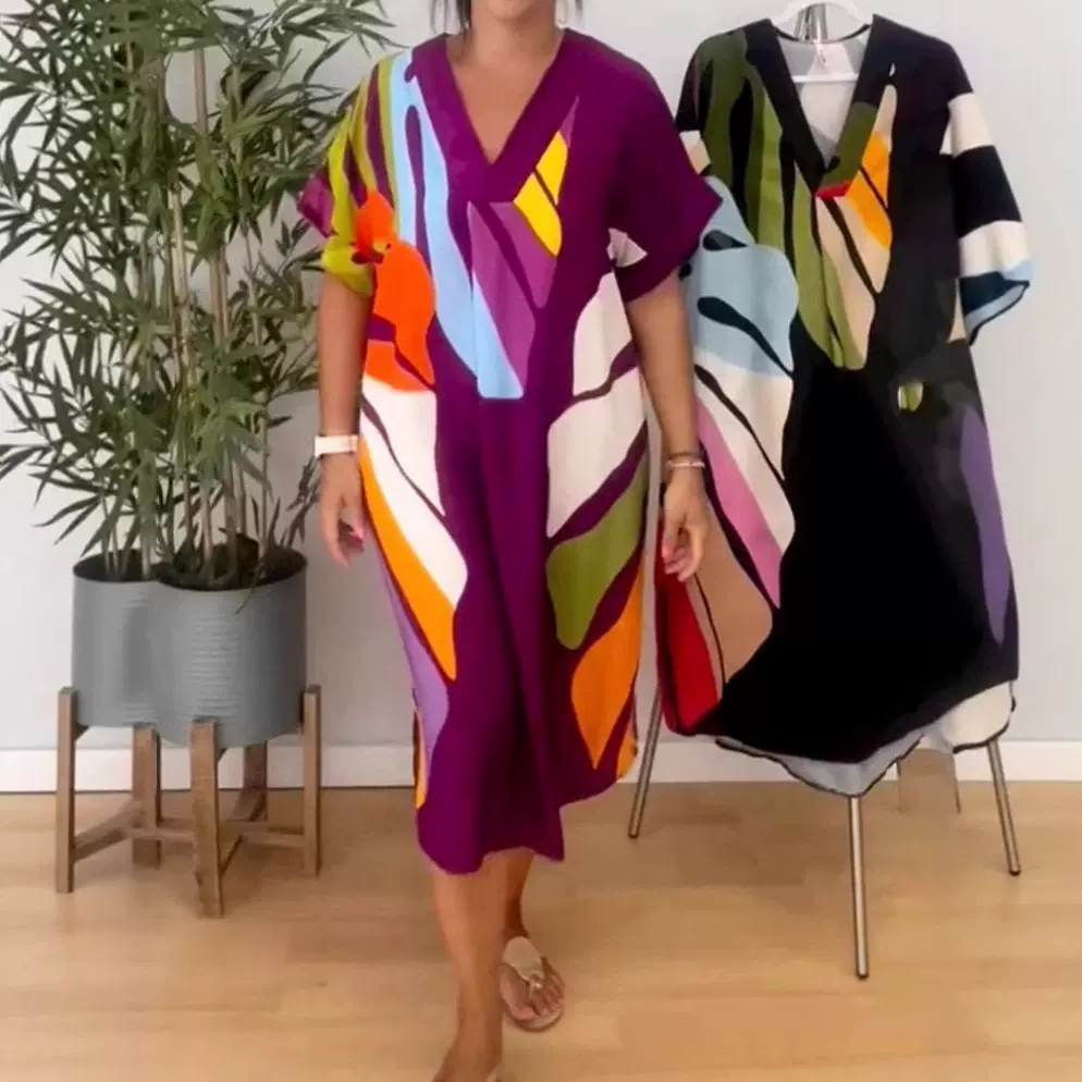 2024跨境新款欧美亚马逊独立站TEMU热销彩叶印花休闲连衣裙