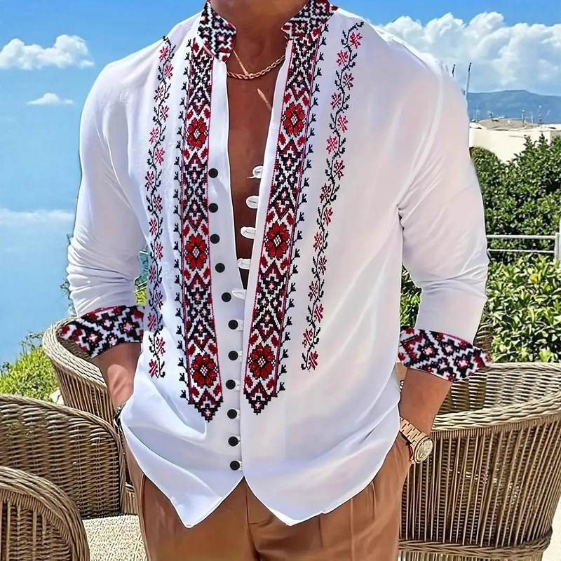 Men's Anti-Wrinkle Long Sleeve Shirt - Soft Button-Down Collar Formal with Ethnic Pattern Print for Daily Business Shirts