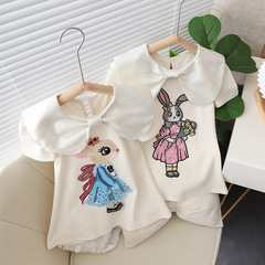 Children's short-sleeve summer thin short-sleeve dress for girls, spring and autumn cartoon animal print cute fashionable dress trendy