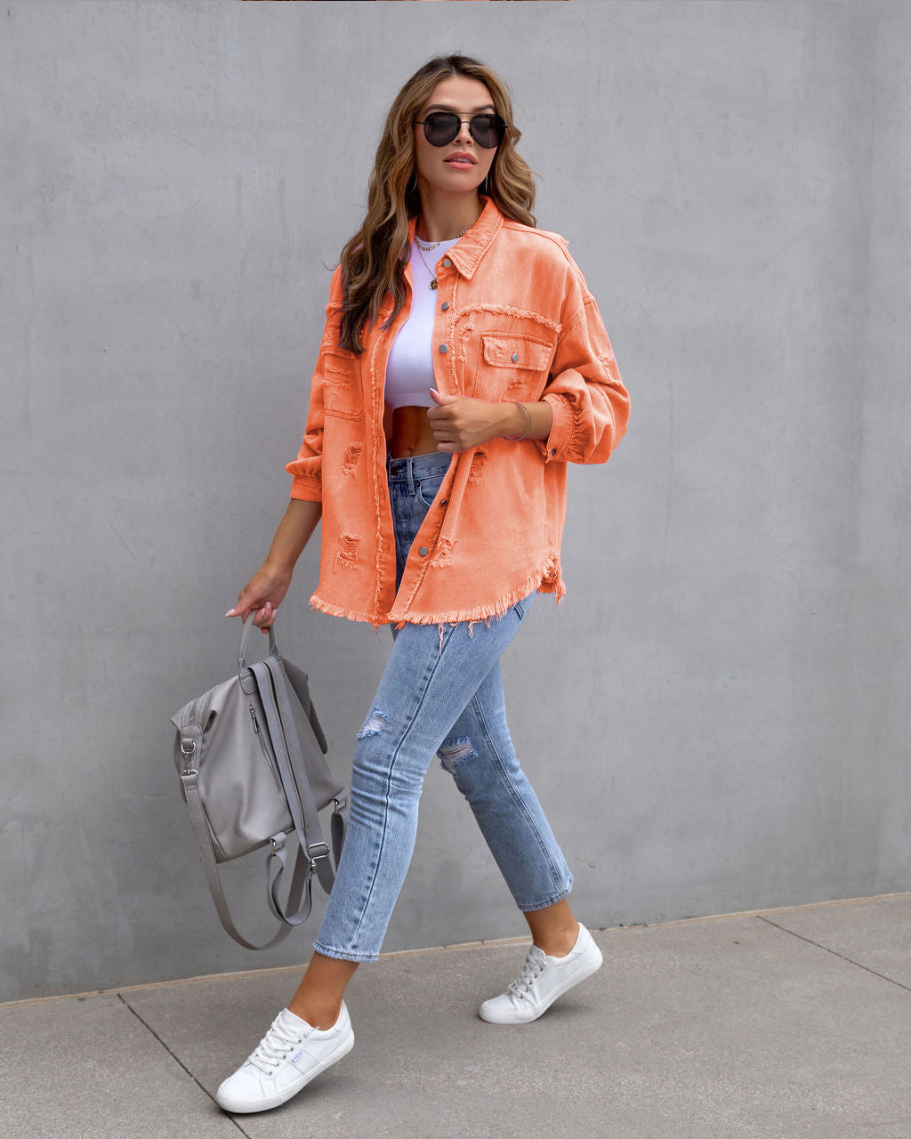 Giacca di jeans donna con volant strappata bavero manica lunga_voghion.com
