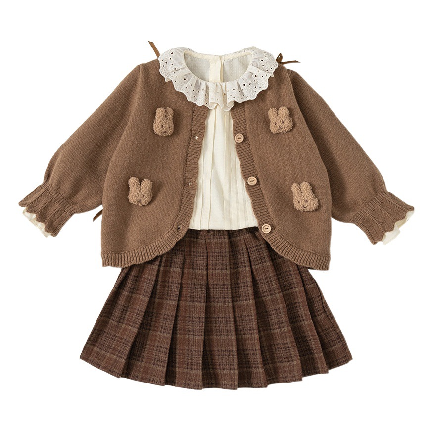 Conjunto para Niñas de Cárdigan y Falda Plisada de 3 Piezas en Fibra Acrílica Suave para Primavera y Otoño