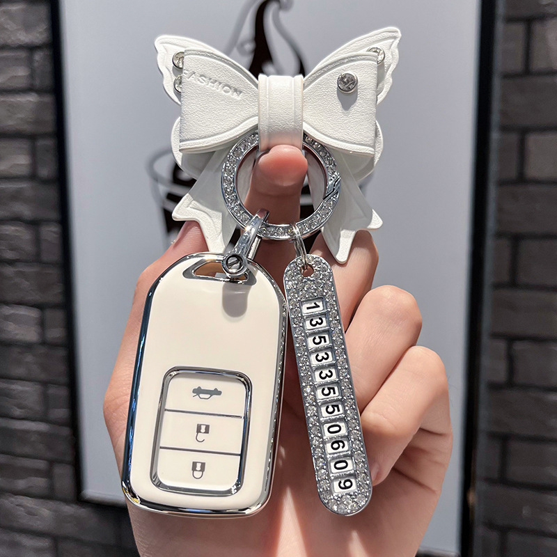 BT 키 유형 C - 스마트 3버튼 [싱글 쉘 화이트] + 화이트 리본 다이아몬드 버클 + 실버 번호판