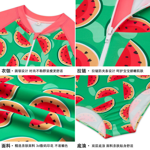 2024 New European and American Children's Swimsuit for Girls, One-piece Swimsuit with Floral and Watermelon Patterns, for Big Kids, Long-sleeved Sun-protective Swimwear