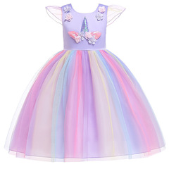 European and American foreign trade children's dress, colorful unicorn tulle princess dress for girls, unicorn dress