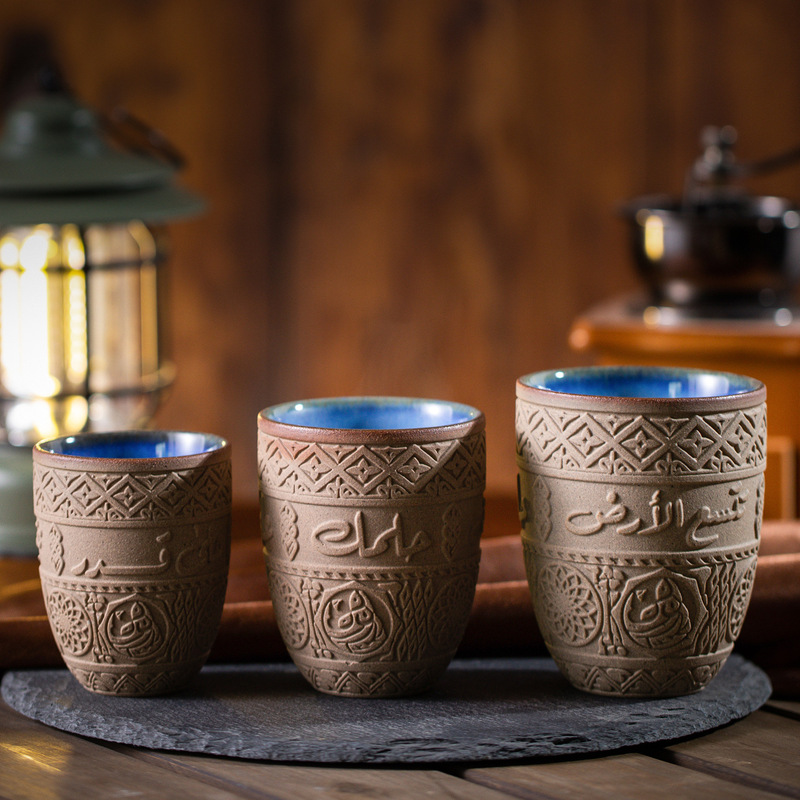Cross-Border Rustic Pottery Espresso Cup, Light Luxury Retro Ceramic Water Cup, Cola Cup with Arabic Embossed Design, Dropshipping Fcm Cross-Border Rustic Pottery Espresso Cup, Light Luxury Retro Ceramic Water Cup, Cola Cup with Arabic Embossed Design, Dropshipping Fcm