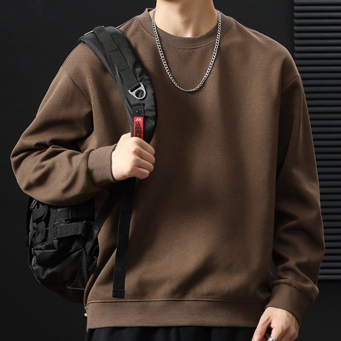 2026 Autumn and Winter Round Neck Sweatshirt for Men, Multi-Color, Loose-Fitting, Long-Sleeved, Casual, Trendy, Versatile, Ribbed Knit Base Shirt