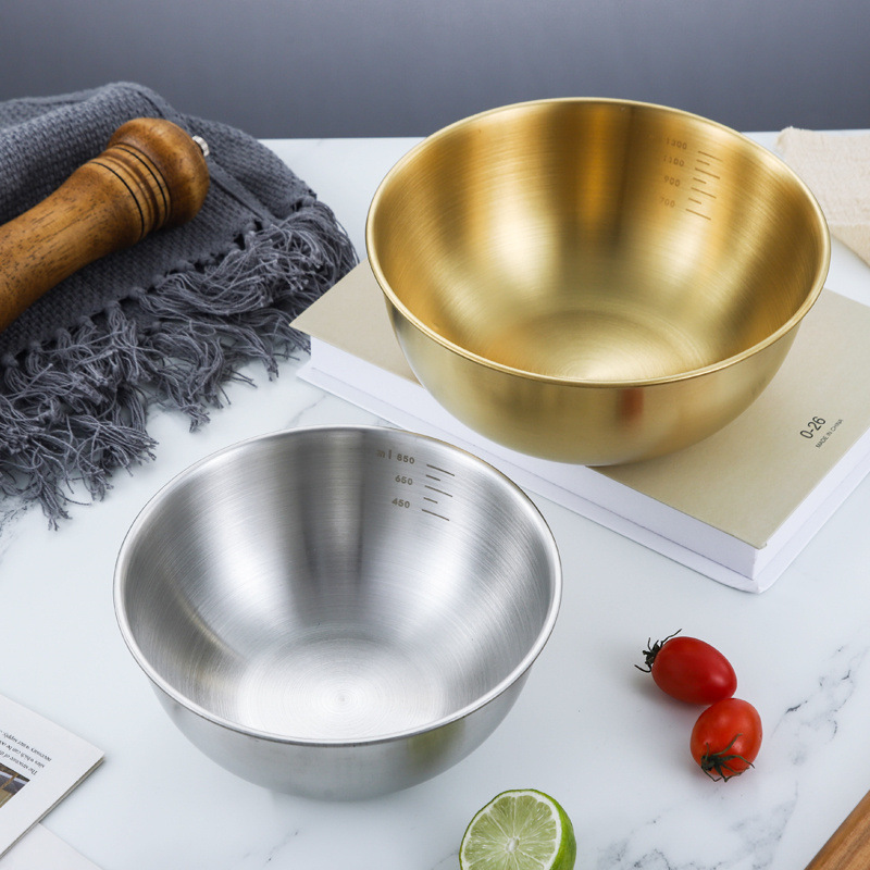 Wholesale Korean Cold Noodle Bowl Commercial Golden Stainless Steel Salad Basin Fruit and Vegetable Salad Bowl with Scale Korean Mix