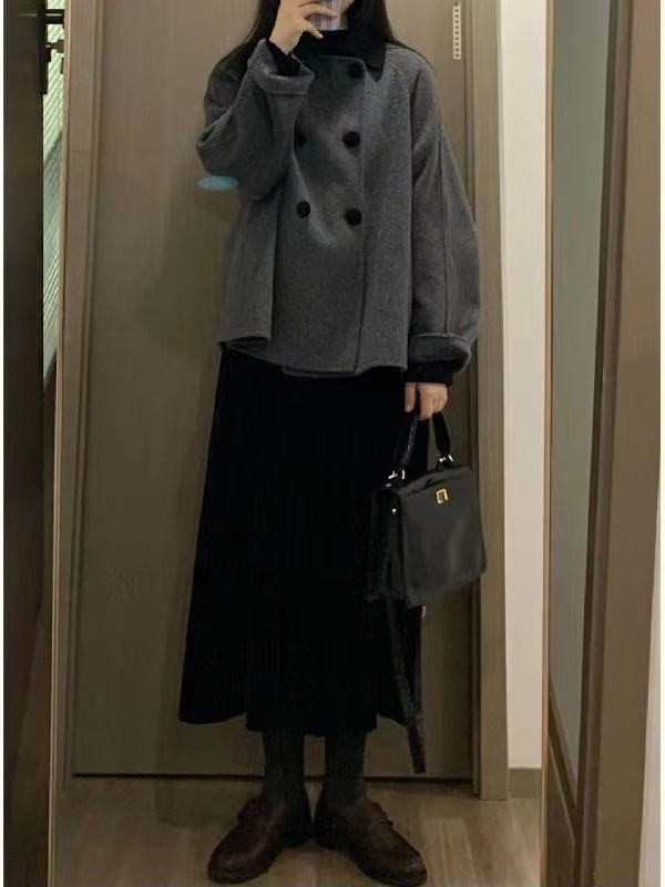 灰色短款呢子大衣女秋冬娃娃领复古加厚小个子韩系赫本风毛呢外套|undefined