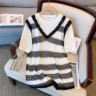 Manufacturer's First-Hand Supply Extra Large Size Women's Clothing Sister Girl Round Neck Fake Two-Piece Knitwear Top Hb2594