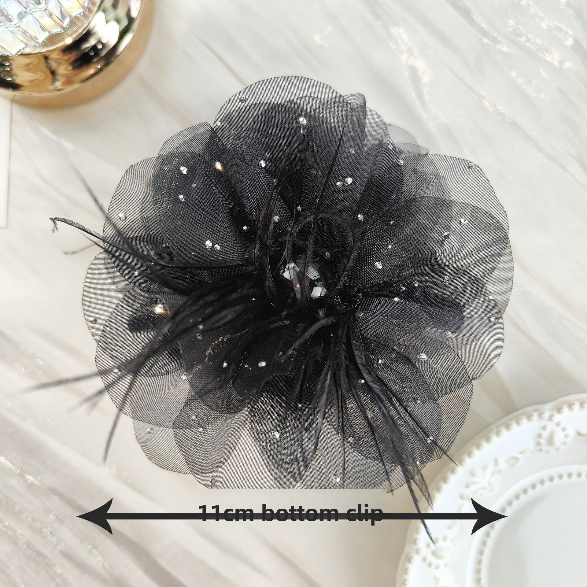 Hele luksuslik must kipsophila pojengiõie sulgedest kinnihoidev klamber, haikala, keskmise suurusega juuksenõelaga ketaskinnitusega juuksenõel, täiustatud peakate_voghion.com