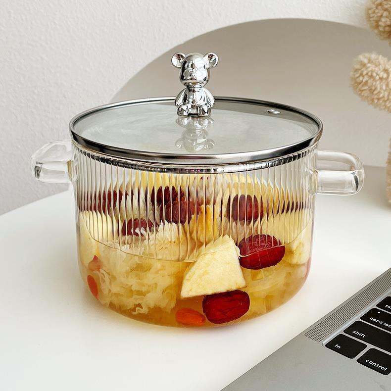 可明火高硼硅玻璃锅小熊双耳汤锅家用煮锅电陶炉耐高温多功能炖锅