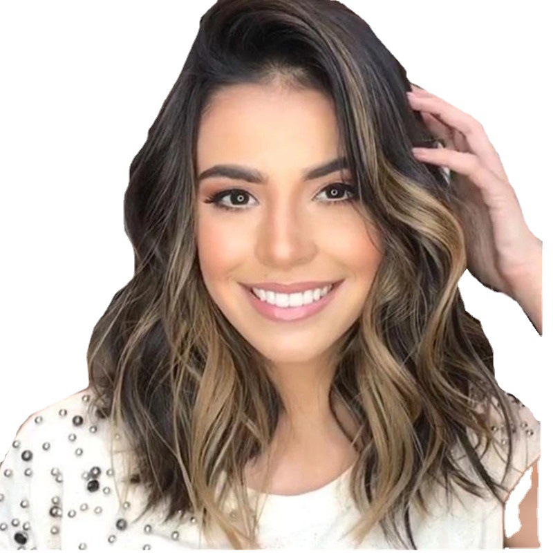 Parrucca sintetica Nuova parrucca da donna riccia lunga fino alle spalle, con rete a rete rosa marrone ondulata sfumata grande_voghion.com