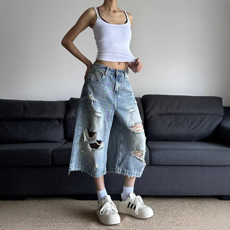 Plus Size American Retro Ripped Denim Shorts for Women, Summer Thin Loose Slimming Hong Kong Style Versatile Straight Cropped Pants Plus Size American Retro Ripped Denim Shorts for Women, Summer Thin Loose Slimming Hong Kong Style Versatile Straight Cropped Pants