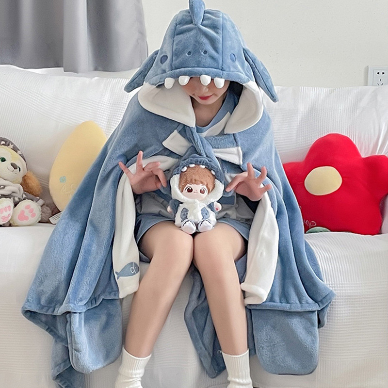 Cartoon Pajamas for Women Winter Flannel Hooded Blanket Cute Coral Velvet Home Clothes Autumn Funny Cloak Cross-Border Export