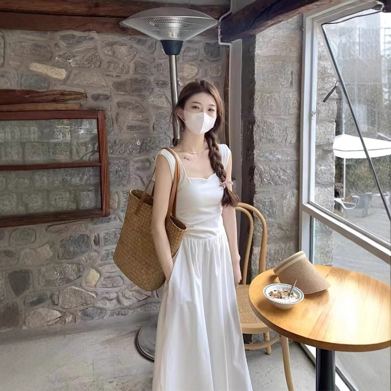 French White Sleeveless Vest dress Women's Summer New High-end Elegant Square Collar Waist Slimming Long Skirt