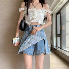 不规则开叉牛仔半身裙女2026夏季新款防走光小个子高腰a字裙子