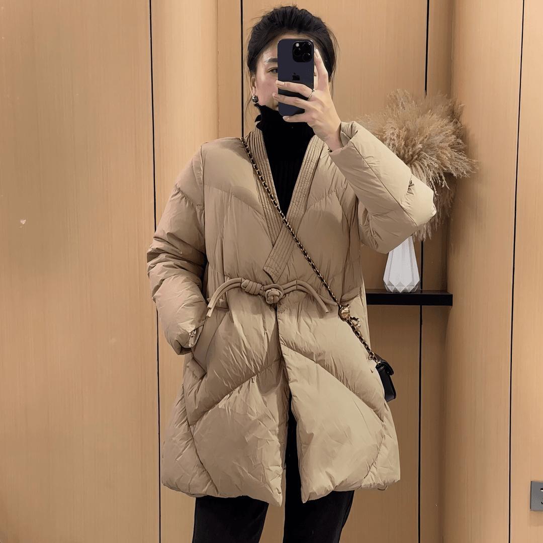 Long winter retro keep warm down jacket, mid-length, V-neckline