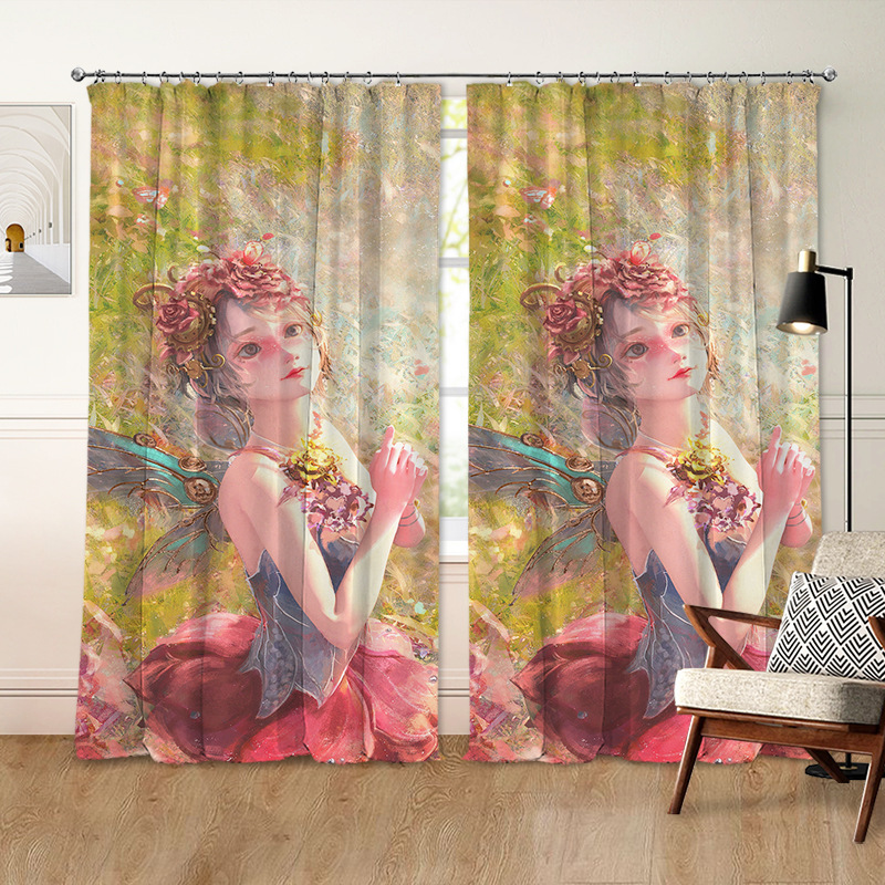 Customized Flower Fairy Anime-Style Curtains with Digital Printing, Blackout Balcony Curtains, Dropshipping Service for Bay Windows