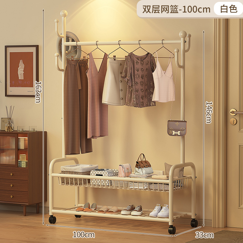 100cm 더블 레이어 메쉬 바스켓 - 크림 화이트 + 후크 6개 + 금속 범용 휠