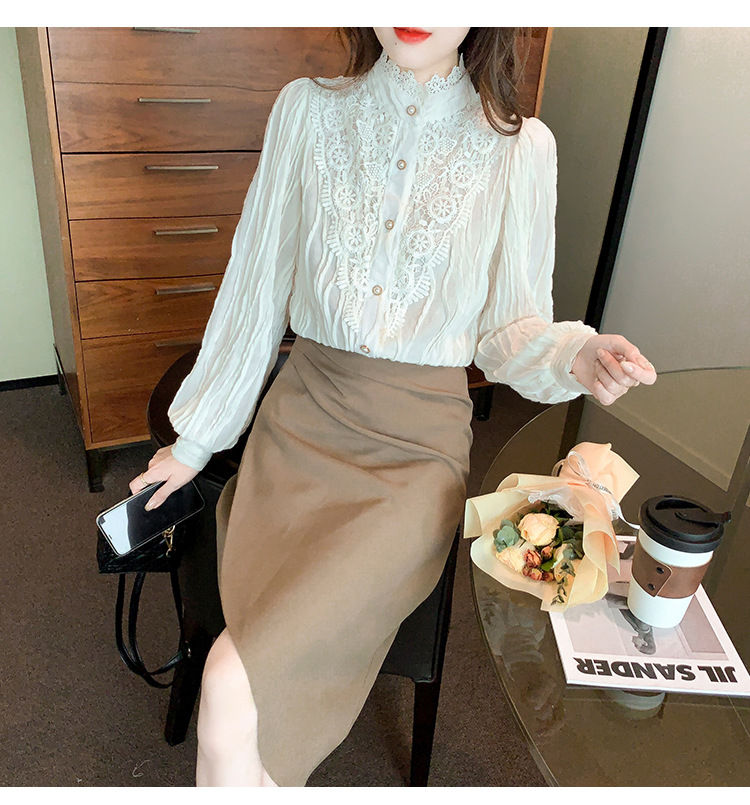 2022 Autumn/Winter new style fleece high-neck lace shirt chiffon shirt top, elegant base layer, fairy pic 13