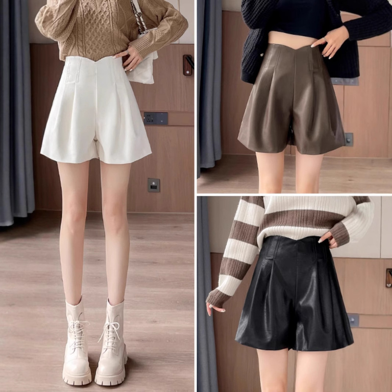 2024 Autumn and Winter brown PU Leather Shorts Women's New High Waist Loose Slimming All-match A- line Wide Leg Casual Boots Pants