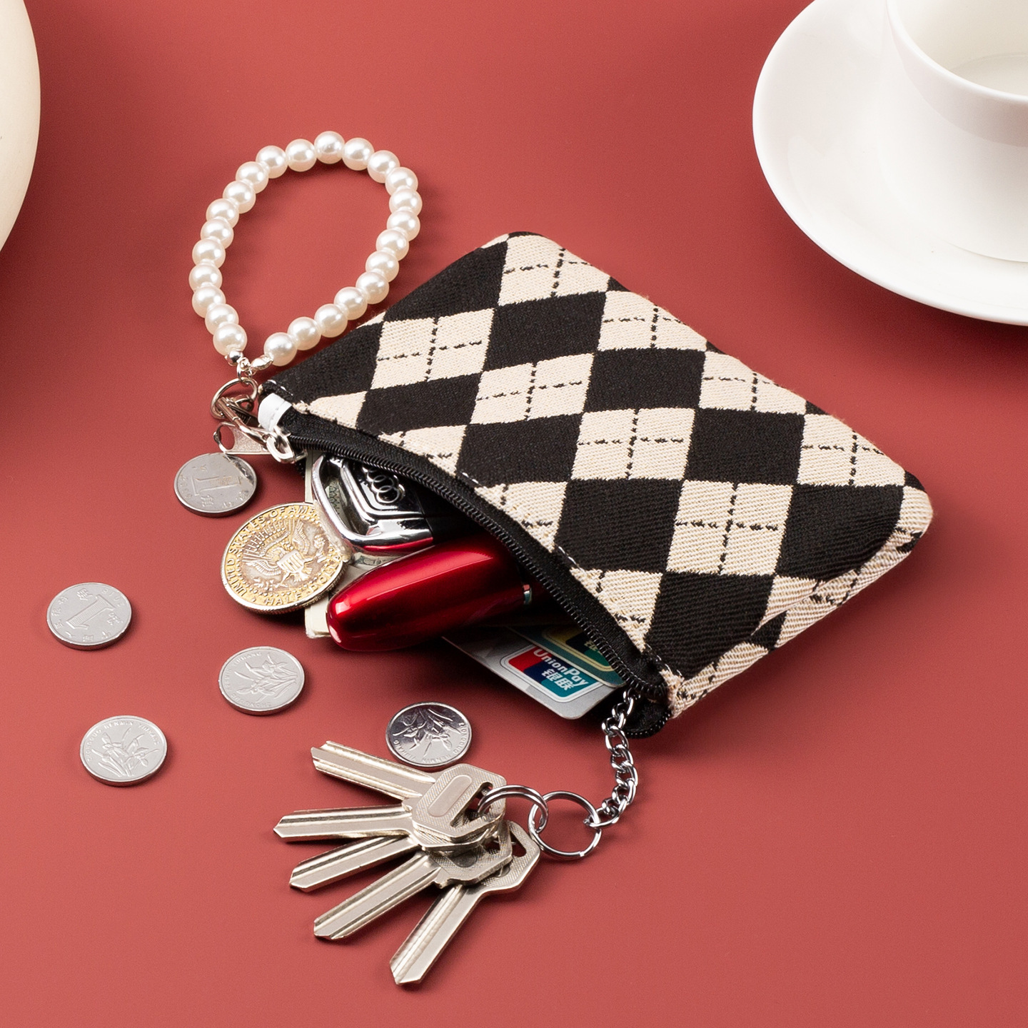 Comercio exterior de alto valor retrógrado bordado de diamante cuadrado bolso de cambio corto bolso de tarjetas compacto bolso de llaves portátil ligero