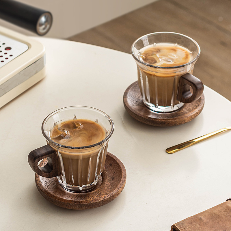 Cross-Border Hot-Selling Preferred Glass Coffee Cup Set with Wooden Handle and Coaster Insulated Cup Wholesale