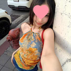 甜辣妹油画印花挂脖吊带小背心女夏季内搭不规则短款露背上衣外穿