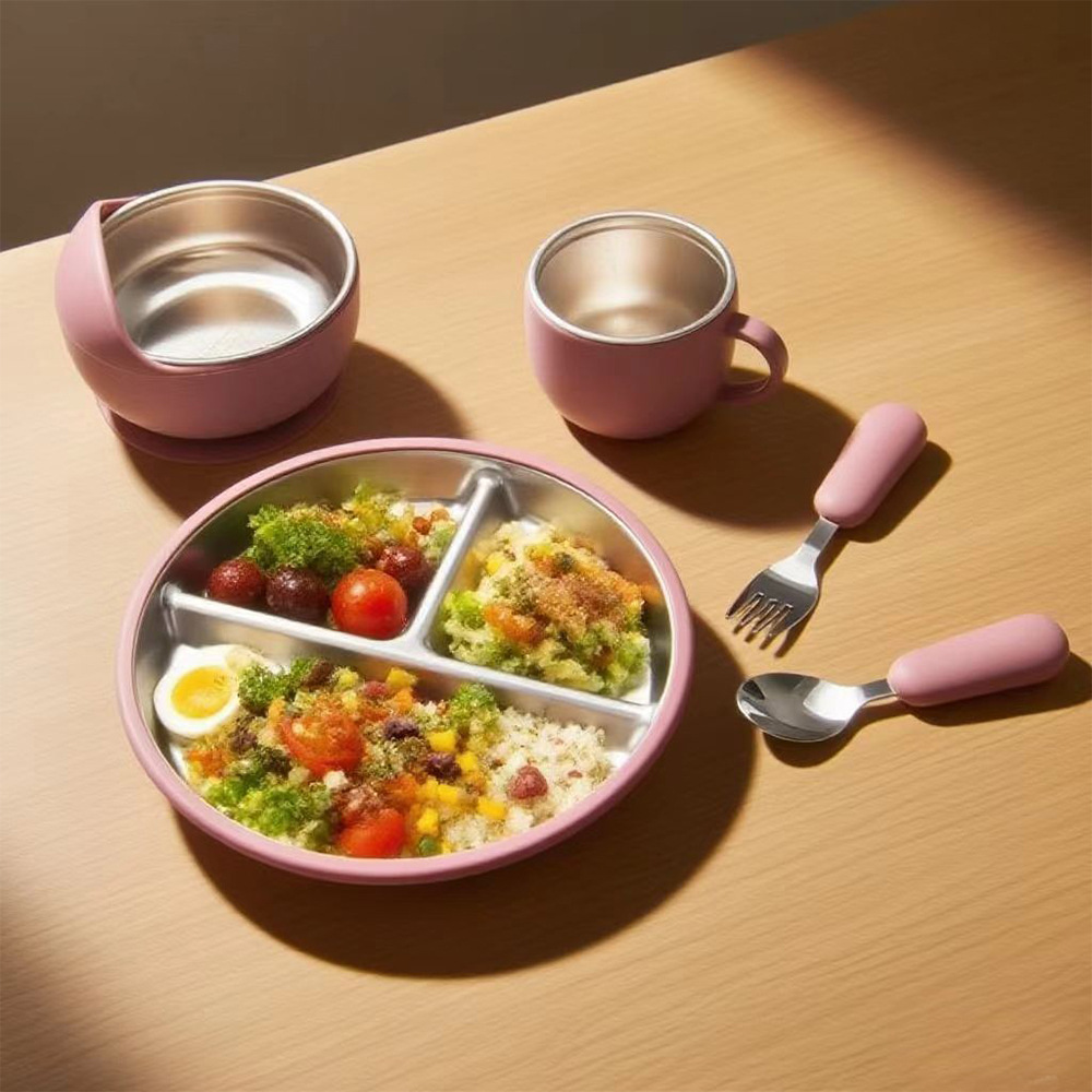Nuevo silicona acero inoxidable ventosa platos de comedor integrados para bebés alimentación cubiertos de alimentos suplementarios para niños cucharas de cucharas de taza conjunto