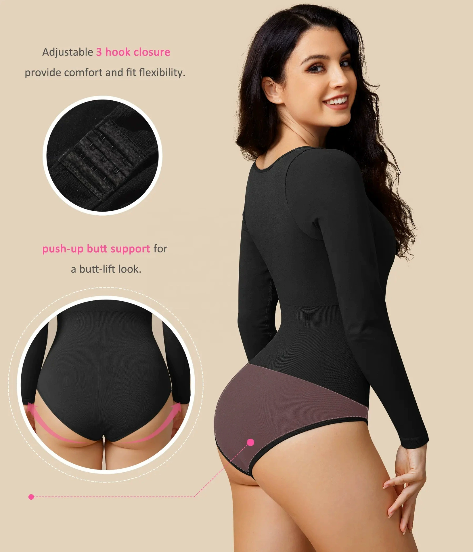 Corrective bodysuit, long-sleeve with a round collar, brace, tight