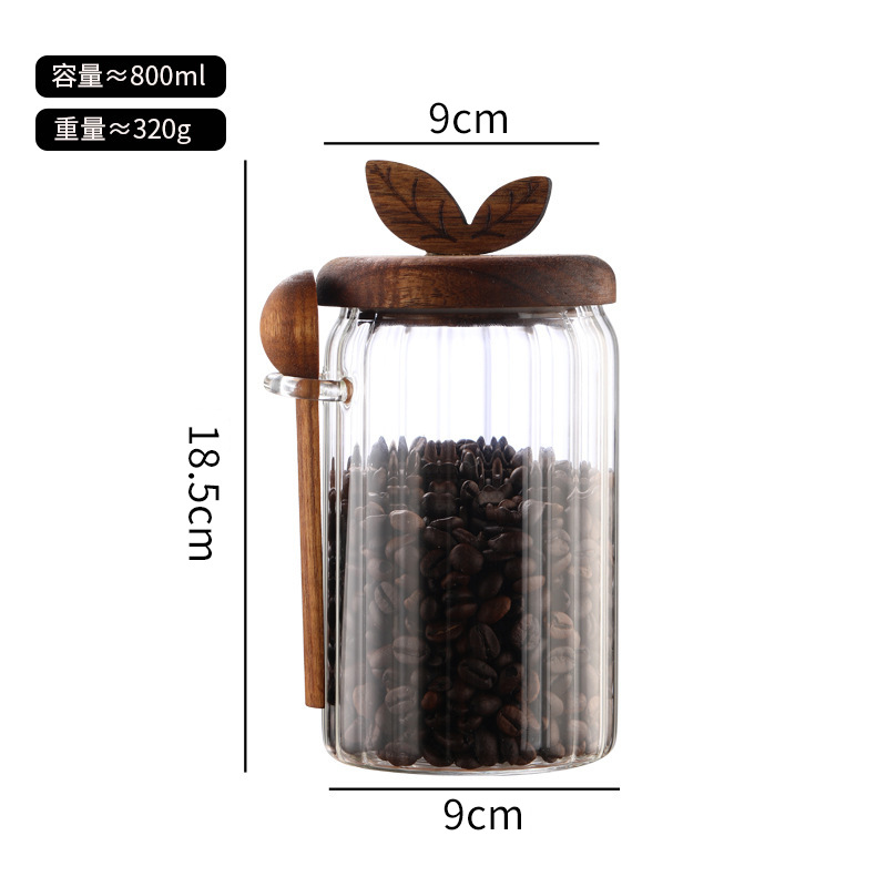 Cocina doméstica vidrio transparente sellado tanque con cuchara Acacia cubierta de madera de té tanque de almacenamiento a prueba de humedad condimento tanque de almacenamiento