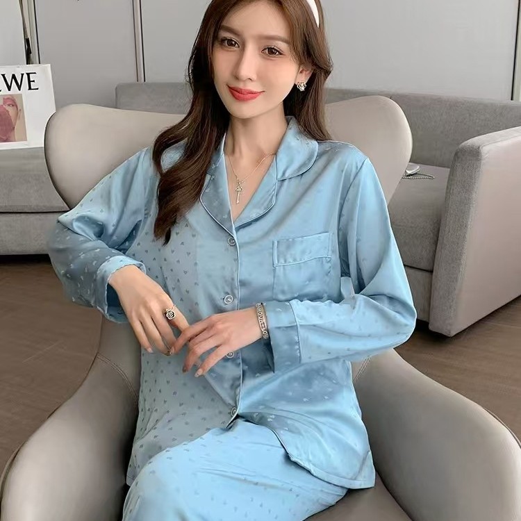 아이스 실크 잠옷 여성 봄과 가을 여름 실크 하이 엔드 자카드 긴팔 세트 새로운 여성 얇은 홈 옷