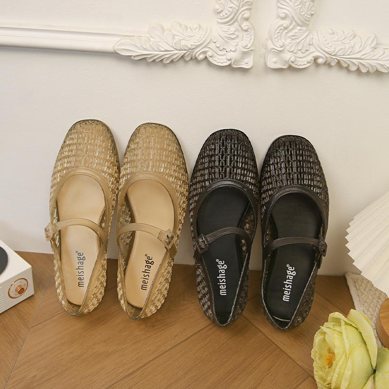 Sandals for Women's Summer Outer Wear, Flat-Soled Clogs, Comfortable, Non-Slip, Hollow Toe Caps, Buckle Mesh Shoes, Deodorant Beach Shoes