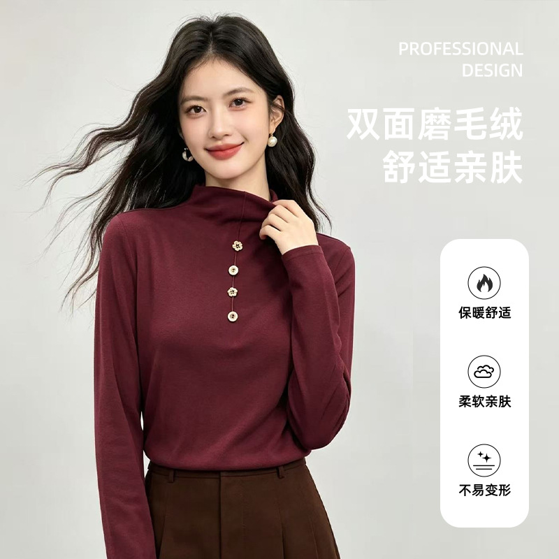 New autumn and winter collection: women's warm, half-turtleneck base layer top with floral button embellishments, fleece-lined long sleeves, and versatile design for autumn and winter
