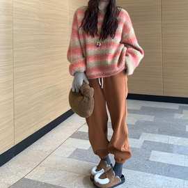 2025年冬季新款百搭彩色渐变晕染一字领毛衣女慵懒风套头针织衫女