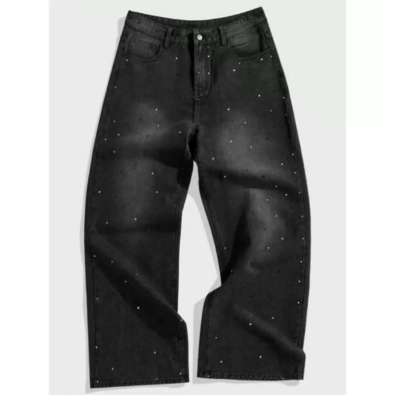 Мужские свободные джинсы с кристаллами, тёмно‑серый washed, relaxed fit