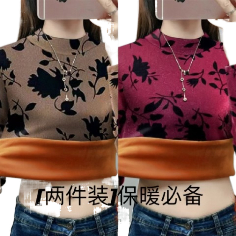 두꺼운 벨벳 올인원 벨벳 어머니복 겨울 신상 긴팔 반고 칼라 패셔너블한 프린트 따뜻한 상의와 하의 셔츠