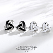 S925純銀幾何型立體三角形耳釘男女日韓風時尚交織如意結耳飾批發