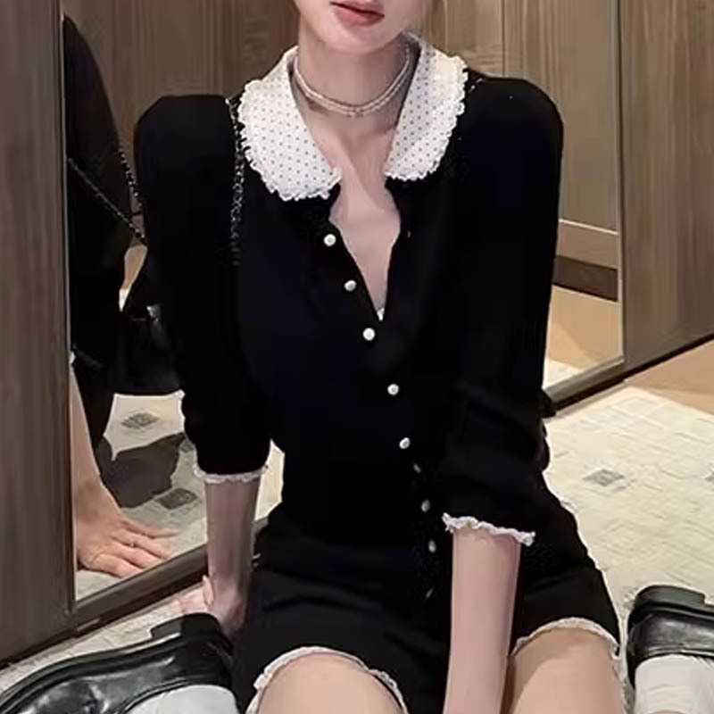 2024秋季曼哈顿少女可爱娃娃领中袖修身针织小开衫女设计感上衣女